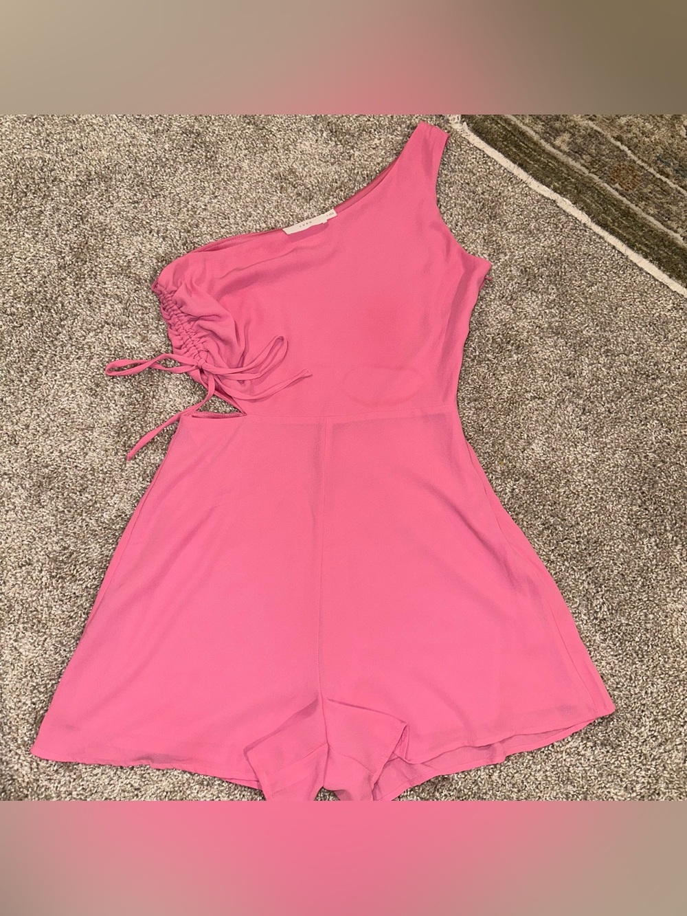 LUSH Pink One Shoulder Skort Romper Side Cutout Ruched Cinch Tie Sz SM 427